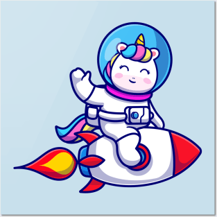 Cute Unicorn Astronaut Riding Rocket And Waving Hand  Cartoon Posters and Art